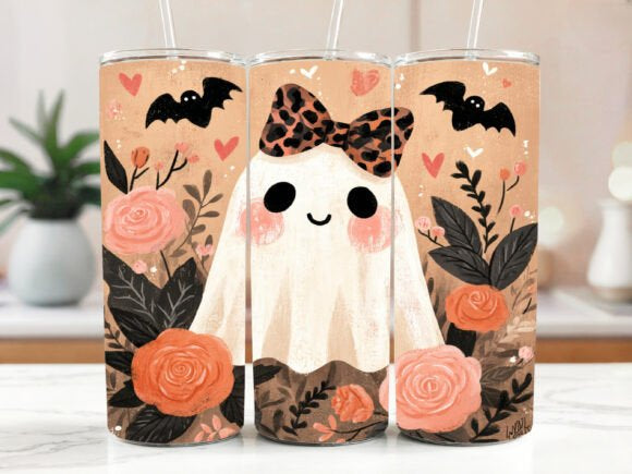 Cute Ghost Tumbler 20oz Matte Glossy Shimmer Glow in Dark - Comes with Gift Box & Straw