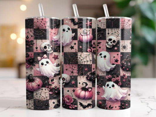 Checkered Ghost Tumbler 20oz Matte Glossy Shimmer Glow in Dark - Comes with Gift Box & Straw