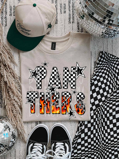 Flame and Checker Panthers Mascot