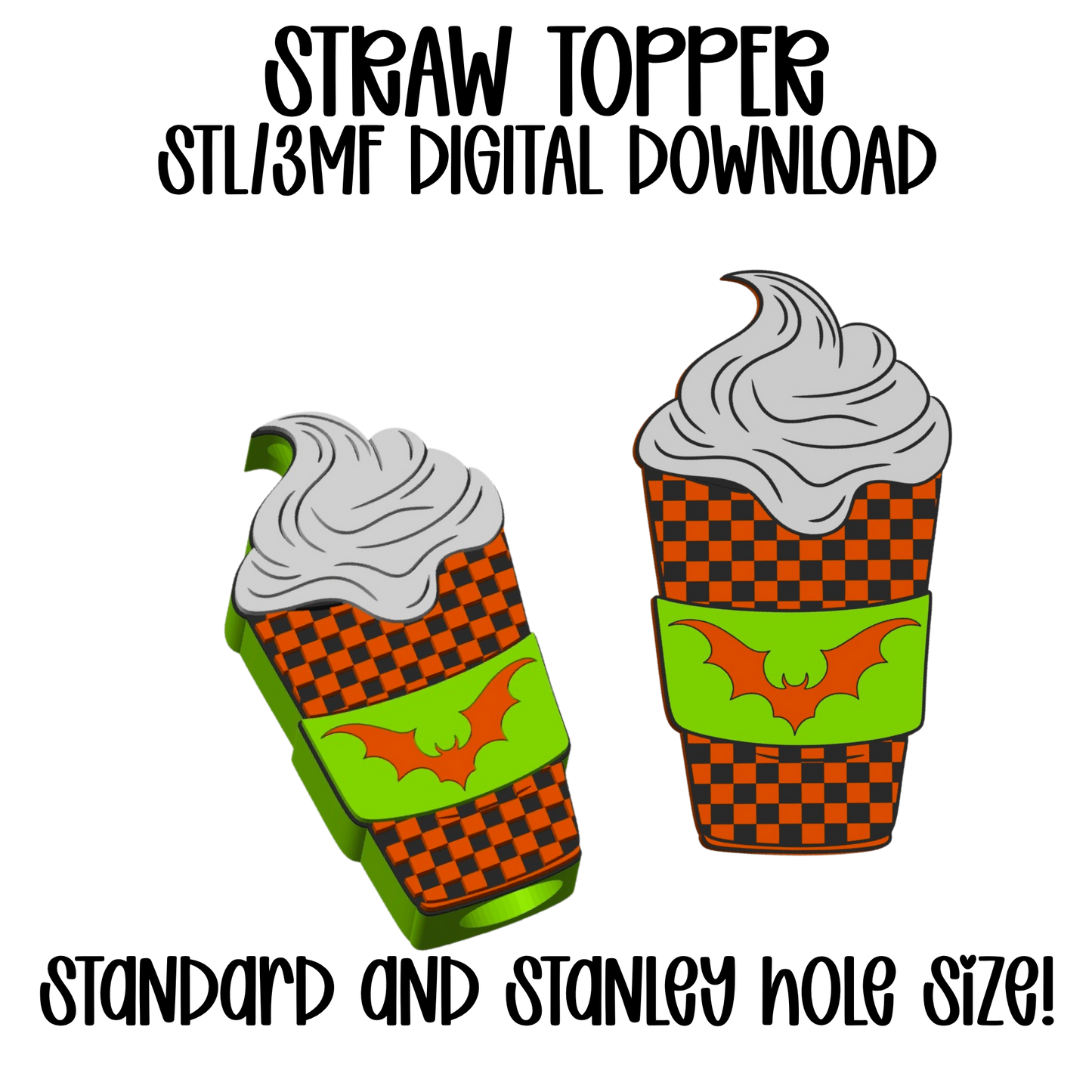Bat Checkered Latte Straw Topper