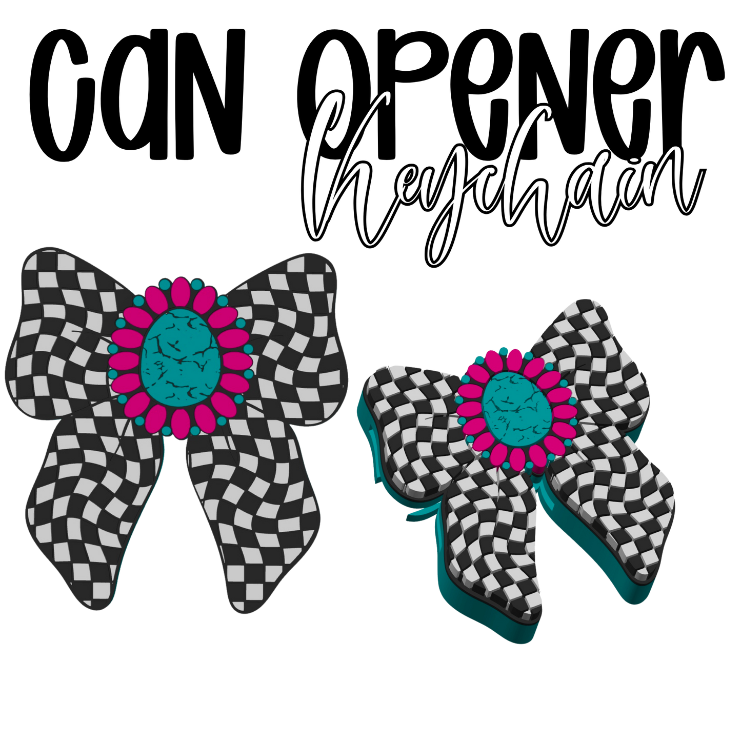 Checkered Bow with Turquoise Jar Soda Opener Nail Saver Keychain