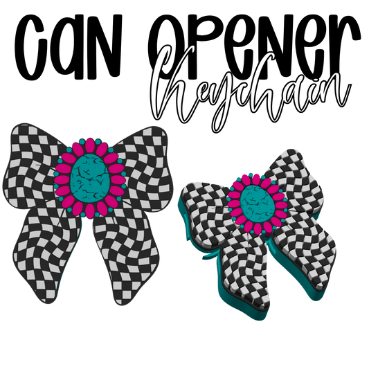 Checkered Bow with Turquoise Jar Soda Opener Nail Saver Keychain
