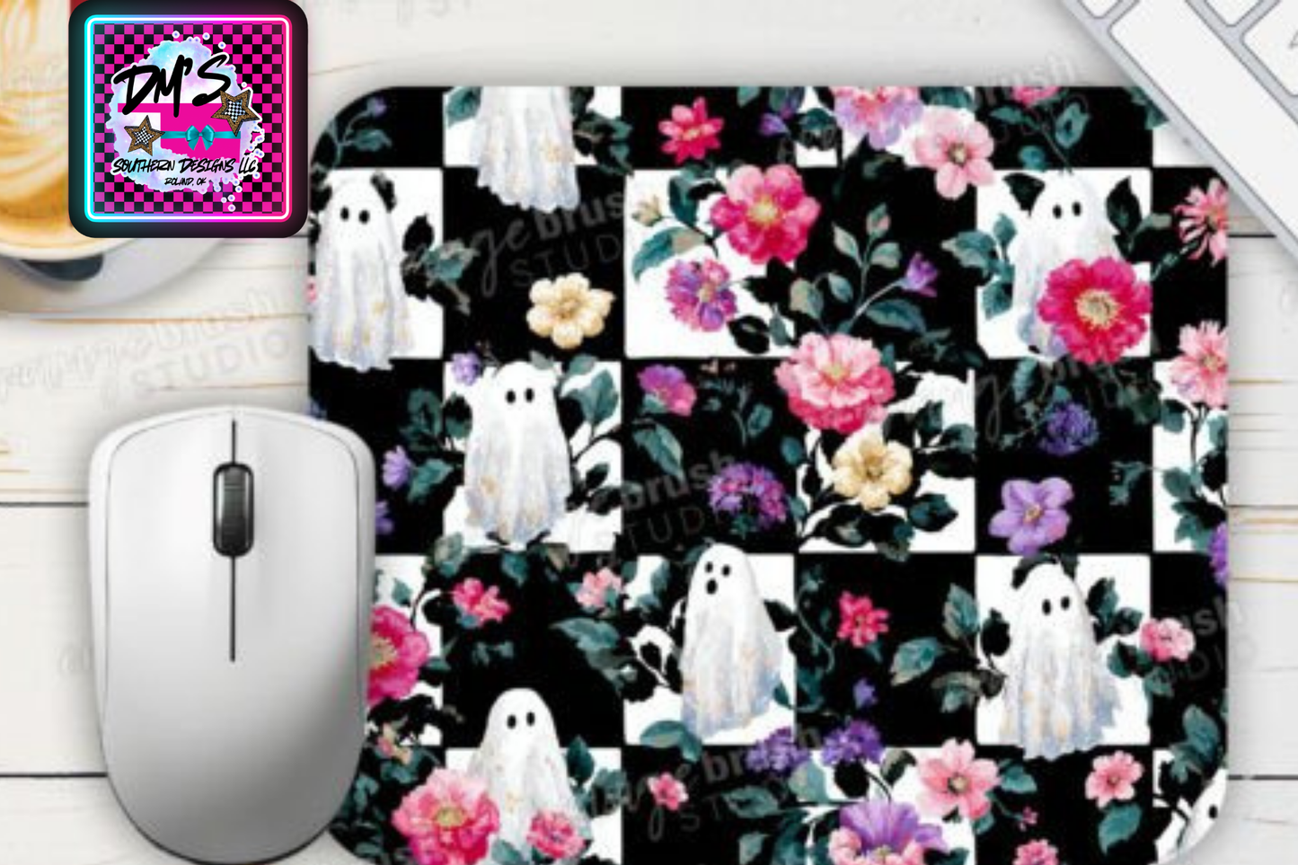 CHECKERED FLORAL GHOST Mouse Pad