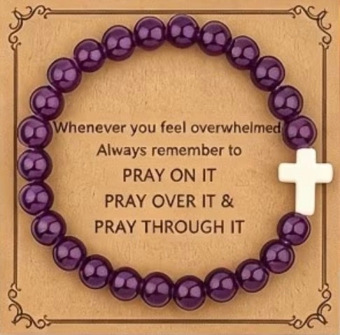 Purple Glass Beaded Stretch Cross Bracelet
