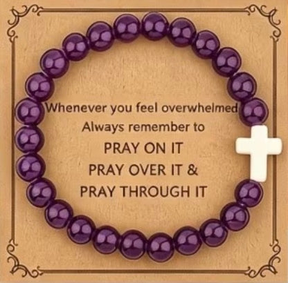 Purple Glass Beaded Stretch Cross Bracelet