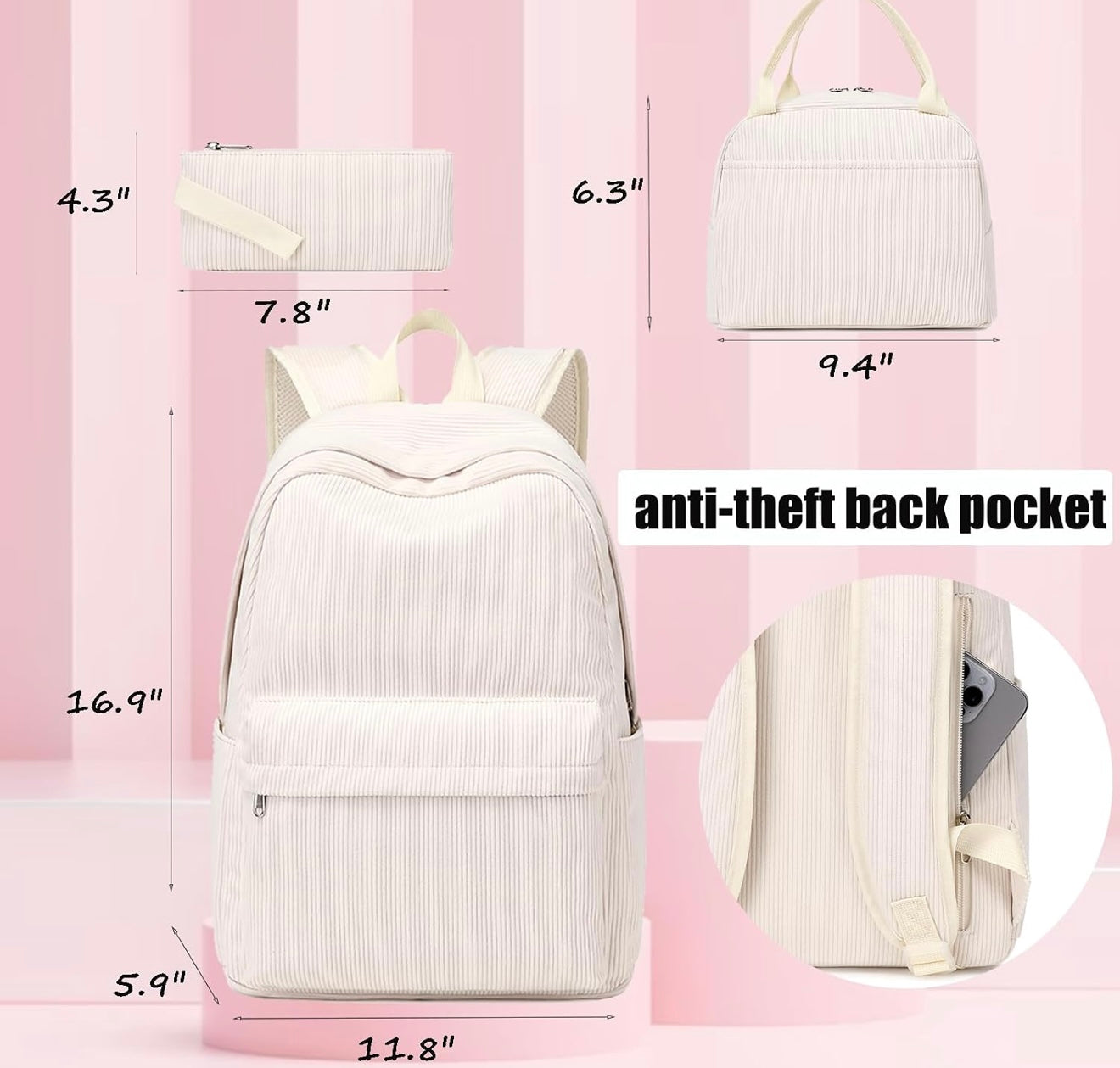 Cream Corduroy 3 Piece Backpack Set