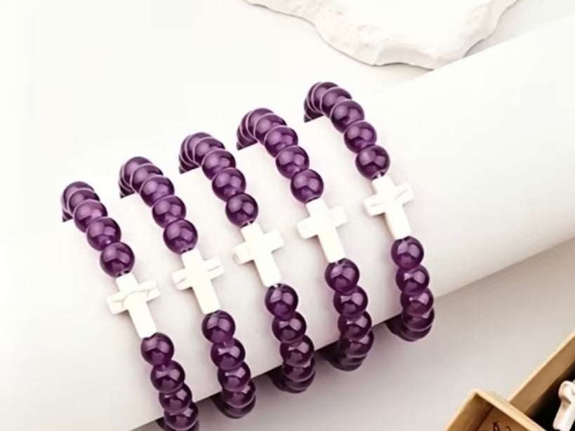 Purple Glass Beaded Stretch Cross Bracelet