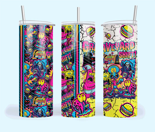 GRAVEYARD SHIFT Tumbler 20oz Matte Glossy Shimmer Glow in Dark - Comes with Gift Box & Straw