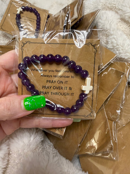 Purple Glass Beaded Stretch Cross Bracelet