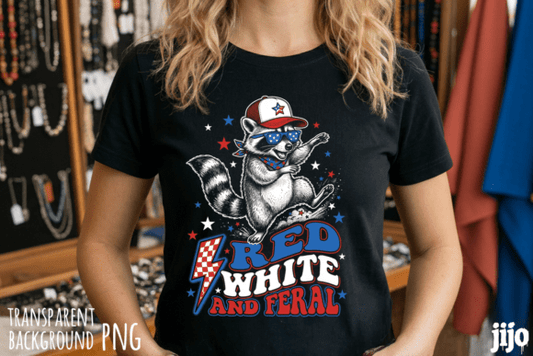 RED WHITE AND FERAL RACCOON PATRIOTIC HALFTONE - ONLY WORKS ON FOR BLACK TEES